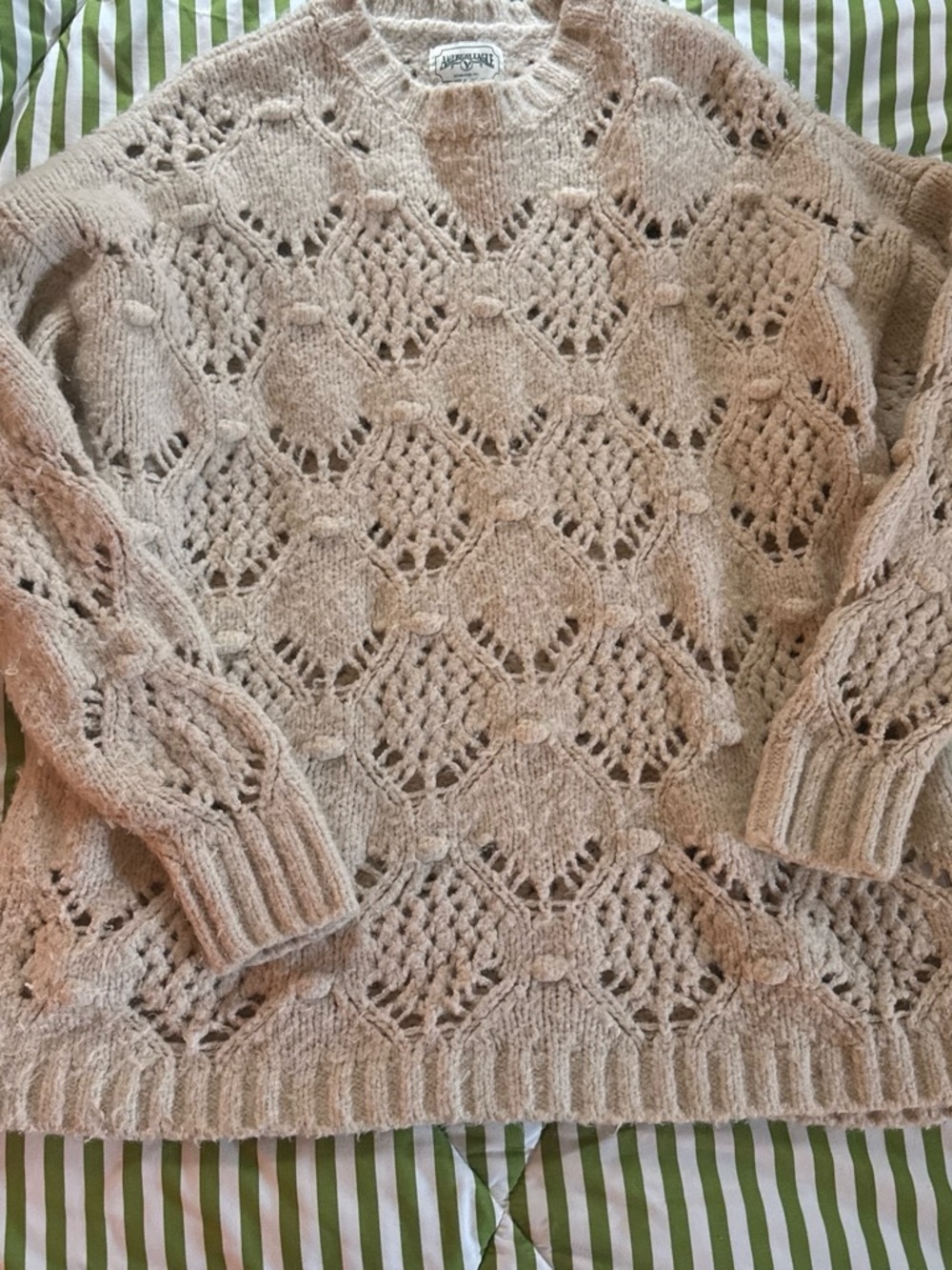American Eagle Outfitters Beige Open-Knit Crewneck Sweater